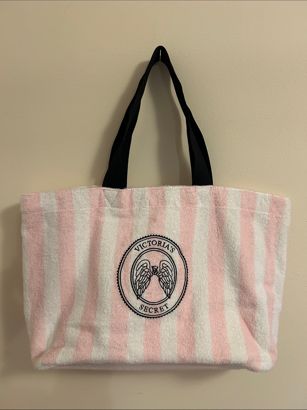Victoria's Secret Pink & White Striped Terry Tote with Black Handles